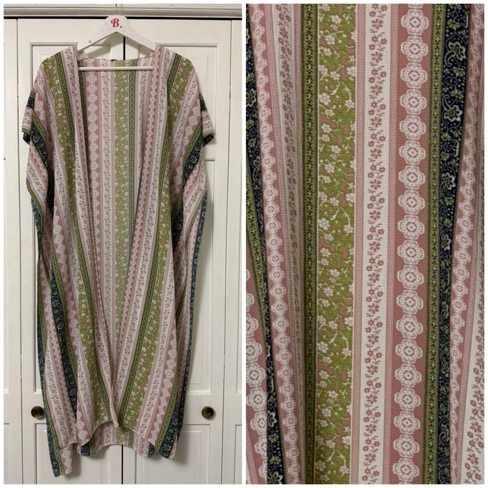 Striped Floral Kimono Duster in Pink and Olive Fairycore Boho Country Cowgirl